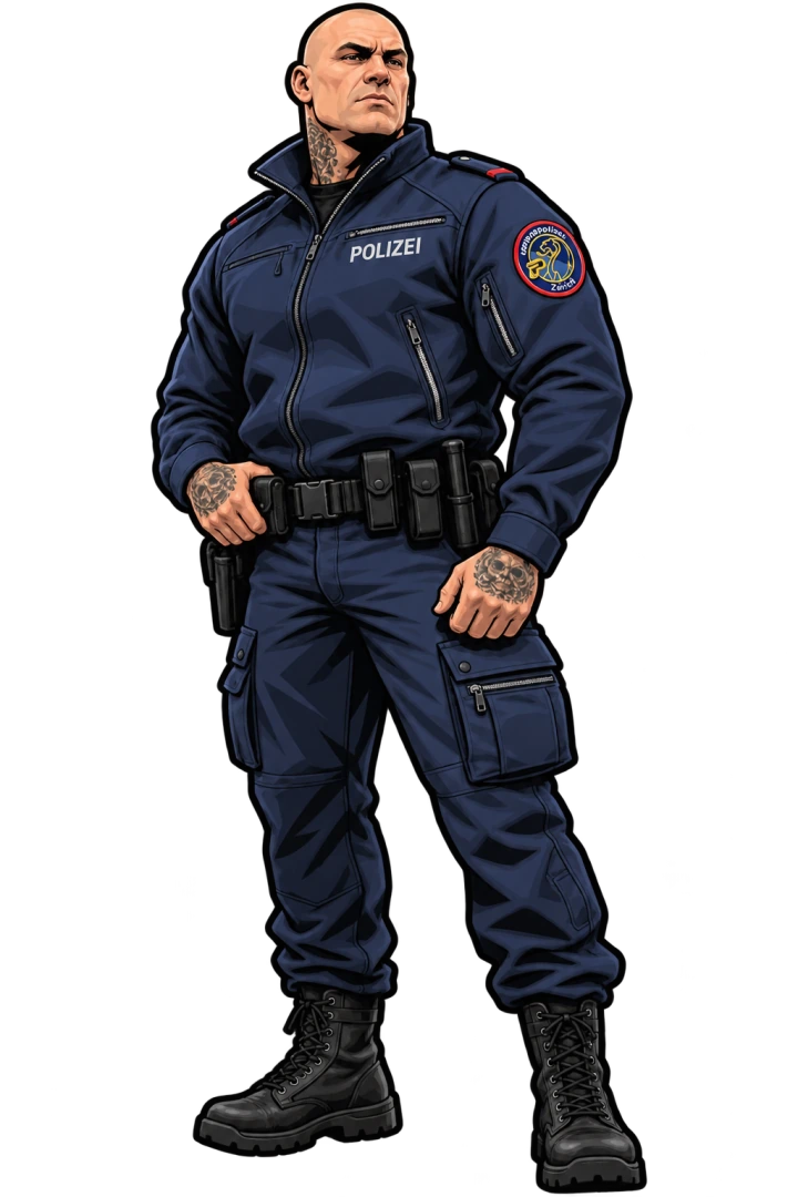 Carlos in a navy Zürich police uniform and black boots