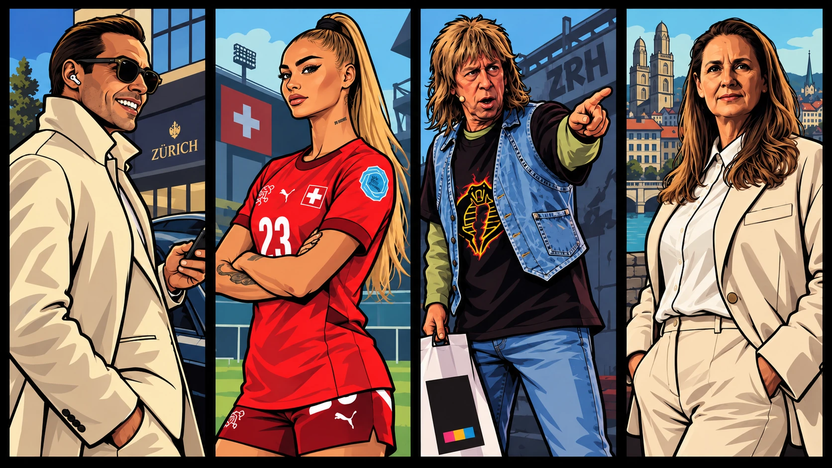 Four illustrated Zürich personalities: a businessman, a Swiss footballer, a local legend, and a politician