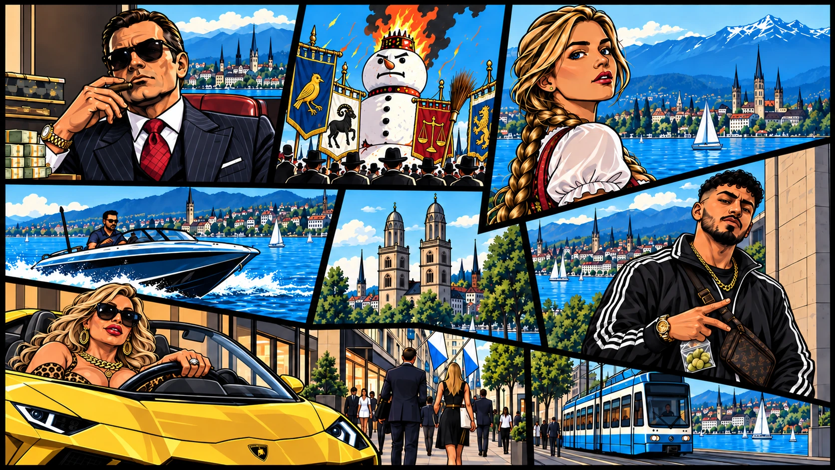 A comic-style collage of Zürich life: the lake, Grossmünster, trams, fast cars, and local characters