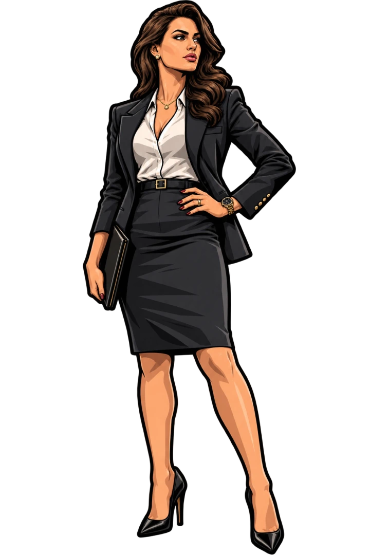 Gizem in a black business suit and heels, holding a portfolio