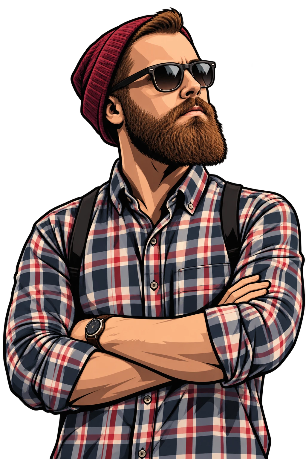 Yan, wearing sunglasses and a red beanie, with his arms crossed