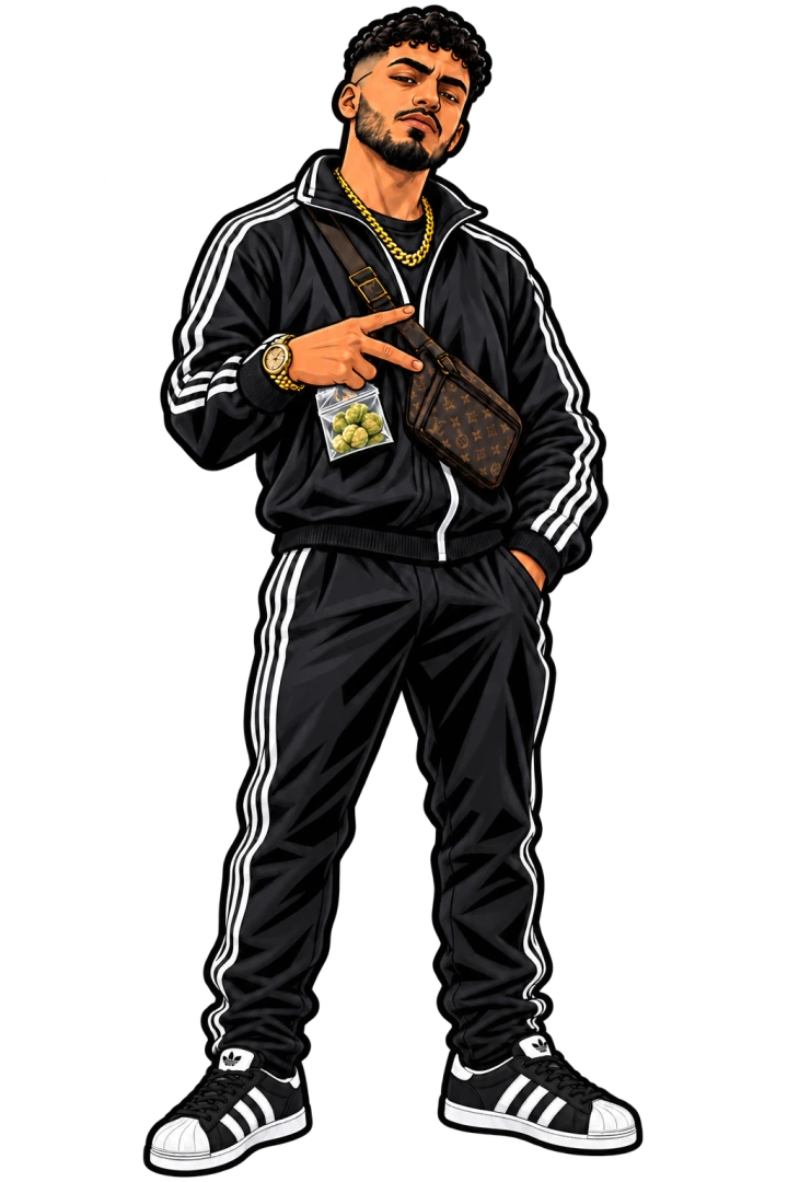 Mo in a black tracksuit, sneakers, and a cross-body bag
