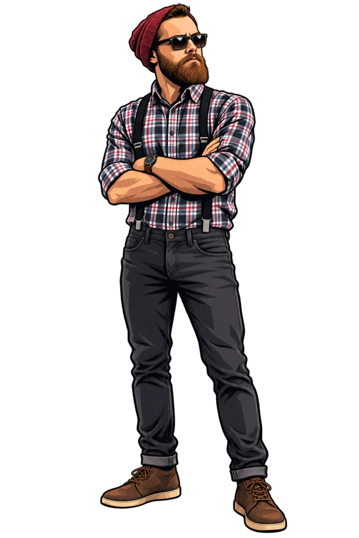 Yan in a plaid shirt, red beanie, jeans, and boots